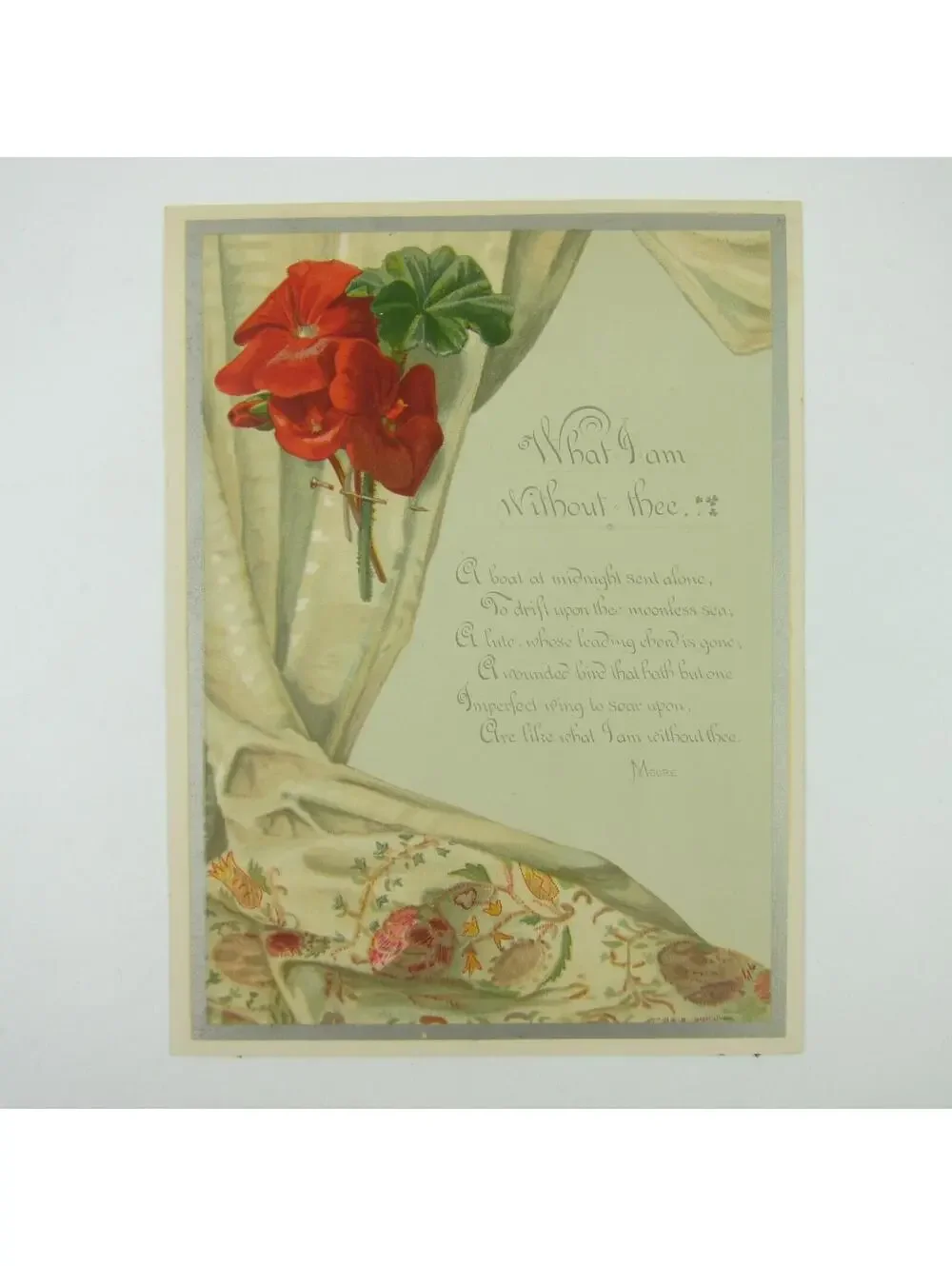 Victorian Valentine Card Red Geranium Flowers Tree White Blossoms Back Antique
